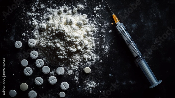 Obraz Drugs in Powder and Tablet Form with Syringe and Spoon on Black Background

