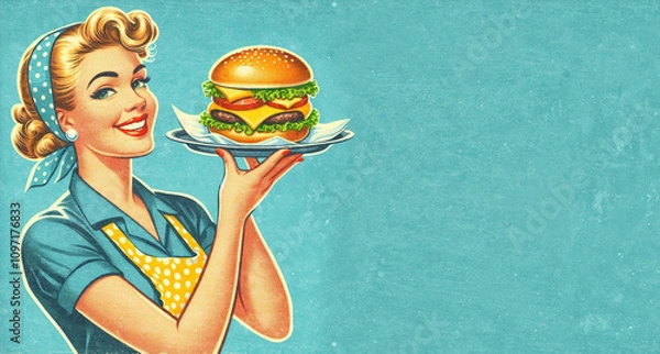 Obraz Cheerful woman with apron serving cheeseburger on a tray. Colorful vintage style illustration with paper texture. Copy space for text. Happy housewife of the 1950s concept.