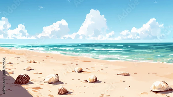 Fototapeta Serene beach with seashells scattered on untouched sand, endless horizon. Endless Sand Horizon. Illustration