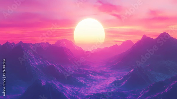 Fototapeta Retrofuturistic synthwave landscape neon grid horizon lowpoly mountains vibrant sunset digital art style. Neon Vaporwave Sunset. Illustration