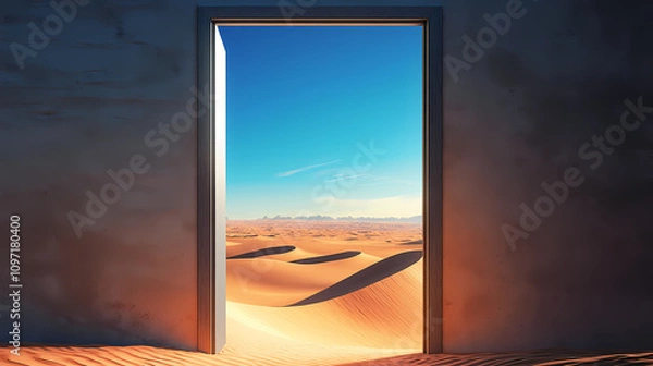 Fototapeta Door opened to vast desert landscape with endless sand dunes under clear blue sky , desert, sand dunes, empty, vast, landscape, horizon. Endless Sand Horizon. Illustration