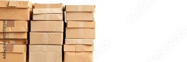 Fototapeta Brown cardboard boxes for recycling, neatly stacked in an isolated white background, conservation, repurpose, recycle