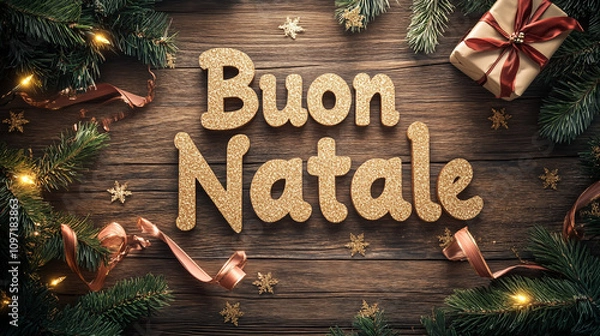 Fototapeta Elegant Buon Natale spelled out in golden sparkles with festive Christmas decorations
