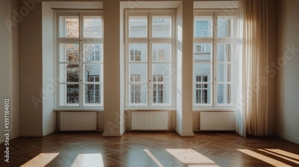 Fototapeta A bright, empty room with large windows and wooden flooring, showcasing natural light.