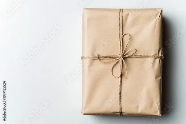 Fototapeta Brown paper wrapped gift with rustic twine bow