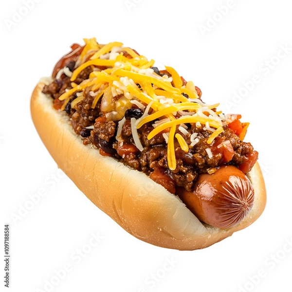 Fototapeta A delicious hot dog topped with chili and cheese, perfect for a casual meal or snack.