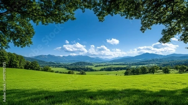Obraz A beautiful, open field with a clear blue sky and a few clouds