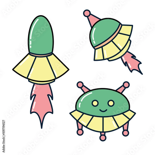 Fototapeta Cartoon UFO Spaceship Vector Set – Alien Flying Saucer Illustration for Kids or Sci-Fi Design