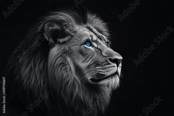 Obraz Striking Portrait of a White Lion with Blue Eyes on a Black Background, Capturing Majesty, Strength, and Elegance in Monochrome Wildlife Photography