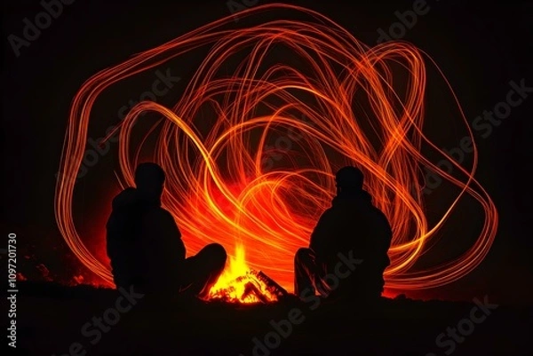 Fototapeta A striking digital representation of a cozy fireside scene, where two figures are illuminated by neon light traces of orange and red against a black backdrop.