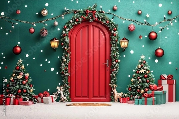Obraz Festive holiday scene with red door, decorated Christmas trees, and gifts.