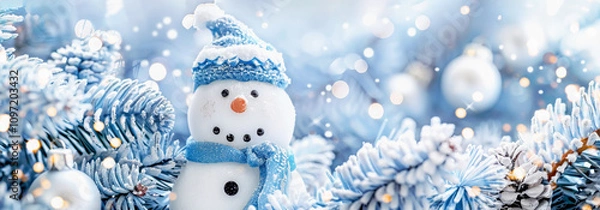 Obraz Playful snowman in a snowy blue landscape for a charming Christmas greeting card, banner