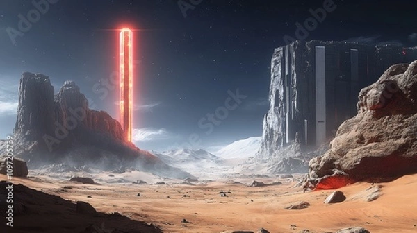 Obraz Futuristic Desert Landscape with Glowing Monolith and Sci-Fi Structures