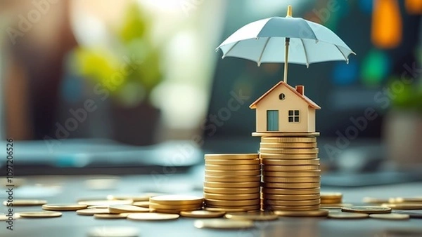 Fototapeta A Miniature House on Golden Coins, Protected by an Umbrella, Symbolizes Home Insurance and Financial Security for Homeowners