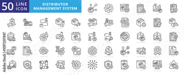 Fototapeta Distributor management system icon set with inventory, sales, order, customer, supplier, logistics, warehouse, delivery, route, pricing, promotion, return, report, analytics, forecasting, and invoice