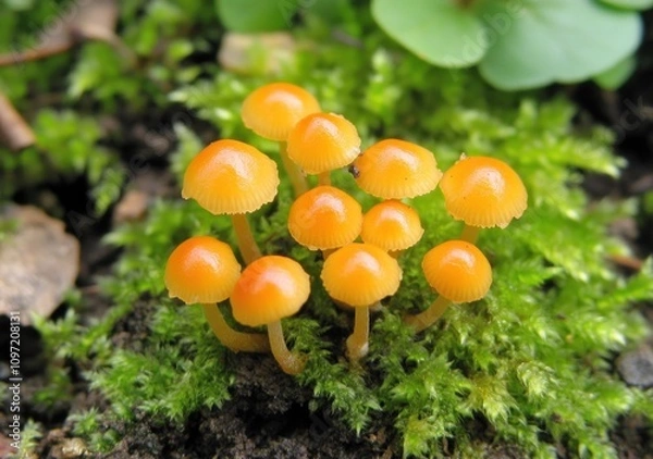 Obraz A cluster of small orange mushrooms growing on green moss in a natural setting.