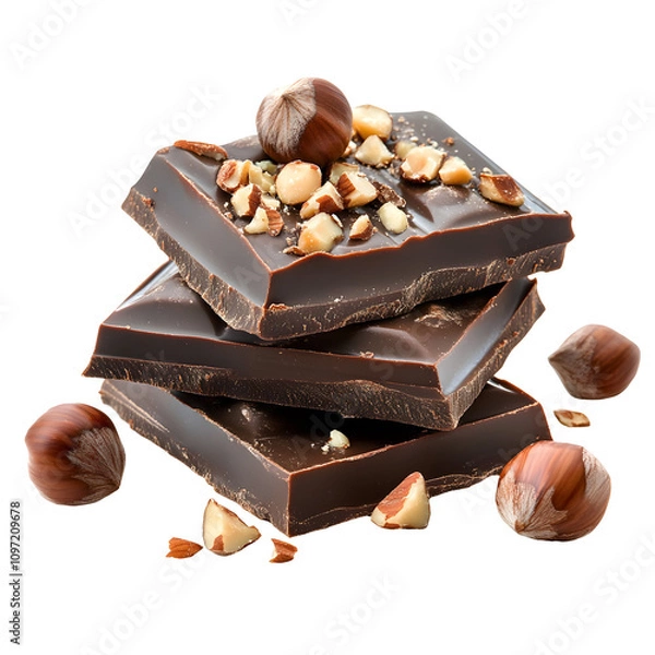 Fototapeta A stack of chocolate bars topped with nuts, surrounded by whole hazelnuts.