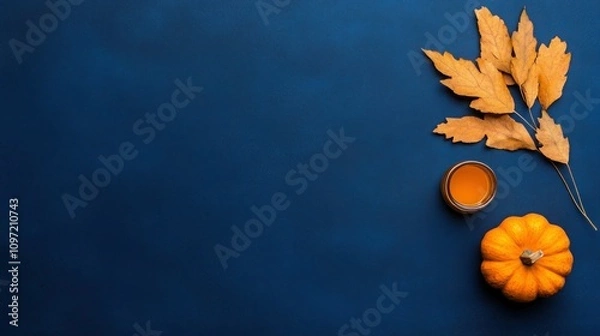 Fototapeta Autumn Harvest: Pumpkins and Maple Leaves on Dark Blue Background for Thanksgiving Day X Banner with Copy Space