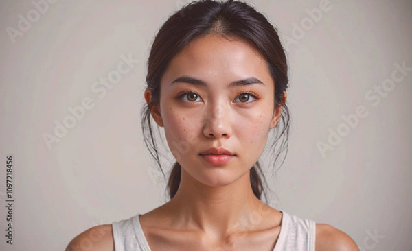 Obraz A woman with brown hair and brown eyes is standing in front of a white wall. She has a serious expression on her face