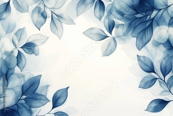 Fototapeta Soft blue leaves frame a light background, creating a serene design.