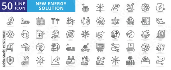 Fototapeta New energy solution icon set with solar, energy, wind, biomass, geothermal, hydropower, renewable, sustainable, efficiency, wave, eolic, battery, storage, grid, turbine, hydrogen, and generator