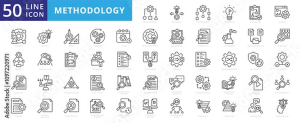 Fototapeta Methodology icon set with approach, framework, procedure, strategy, model, analysis, design, tools, process, plan, implementation, evaluation, research, experiment, data collection, study and survey