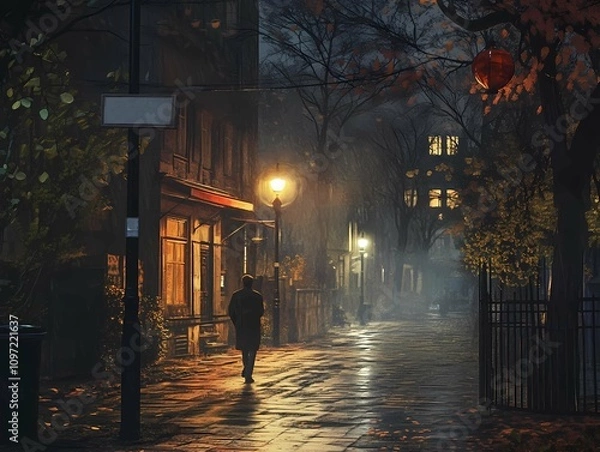 Obraz Lone figure in quiet autumn street illuminated by warm streetlights in the night, solitude and reflection mood. Sadness, depression, blues, separation, surviving loss and grief. Melancholy.