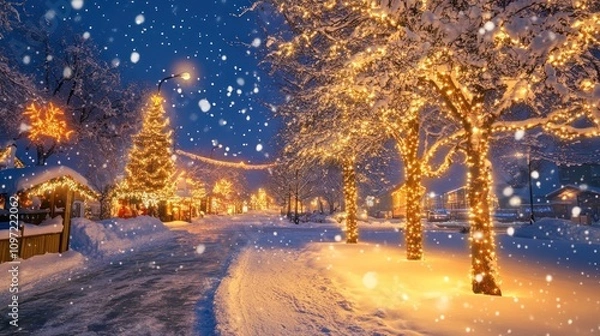 Fototapeta A magical winter scene with snow-covered trees, festive lights, and glowing decorations to celebrate New Year 2025