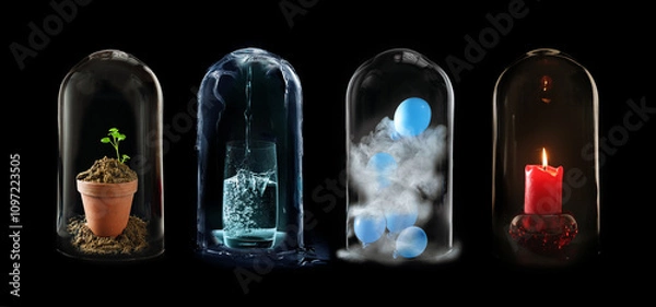 Obraz Four elements of nature under glass bell jars, earth, water air and fire are the classic elements of the earth, ecological concept for holistic environmental protection, still life, black background