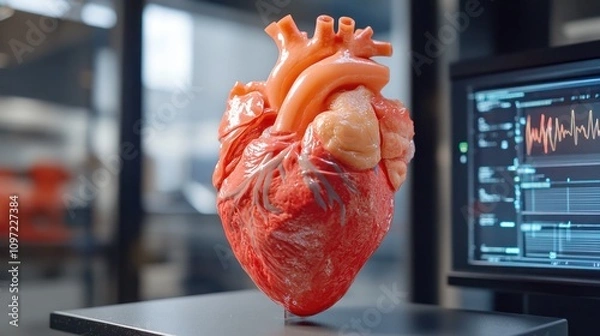 Fototapeta Anatomical heart model on table near medical monitor displaying EKG.