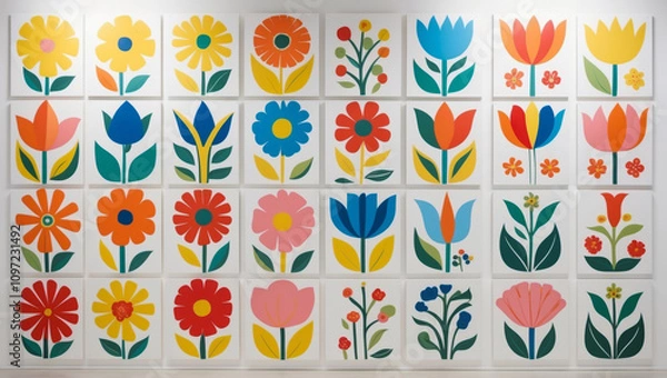 Fototapeta Colorful stylized flower illustration in a grid on white background