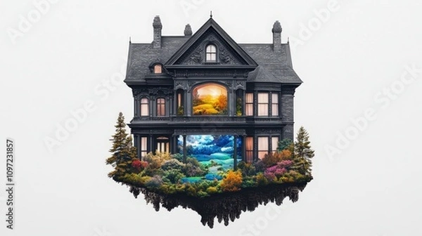 Fototapeta Surreal Victorian House Surrounded by Dreamlike Nature Landscape