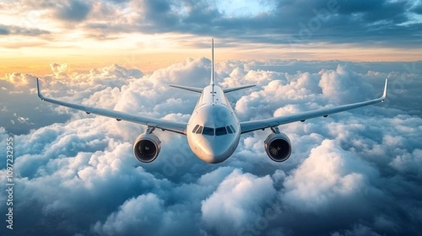 Fototapeta airplane flying through the clouds, a stunning blue-tinted sky with clouds. The feeling is optimistic, excitement, joy, adventure