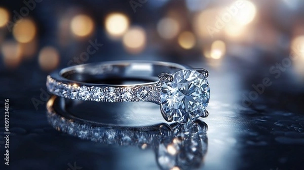 Fototapeta Close-up shot of a sparkling diamond ring set on a smooth, reflective surface.