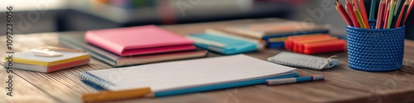 Fototapeta Efficient School Supplies: A tidy desk with necessary items like pens, pencils, rulers, and notebooks.