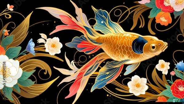 Obraz Colorful goldfish among floral patterns on a black background enhancing the vibrant design