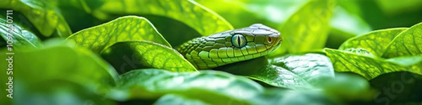 Obraz A snake resting in lush green foliage, its skin perfectly matching the surroundings.