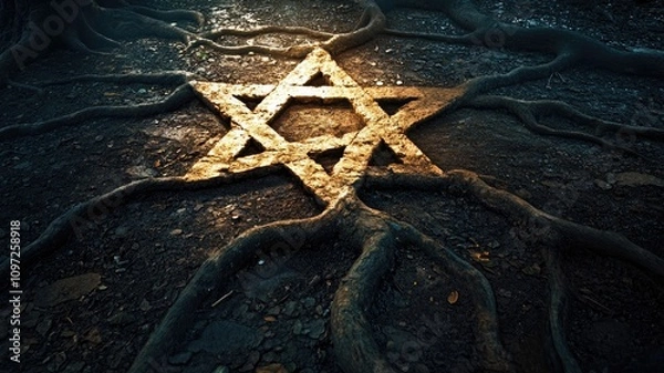 Fototapeta Star of David on ground with roots intertwined, sunlight casting shadows