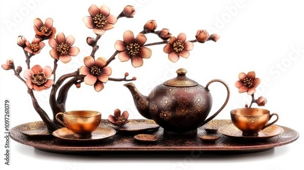 Obraz Elegant tea set with blooming flowers and decorative elements