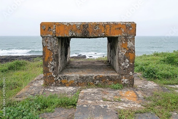 Fototapeta A haunting view of an abandoned lighthouse on the cliffs of Faial Island, surrounded by crashing waves and eerie mist