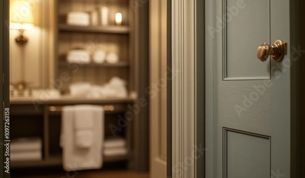 Fototapeta A partially open door reveals a luxurious bathroom with a white towel hanging on a vanity.