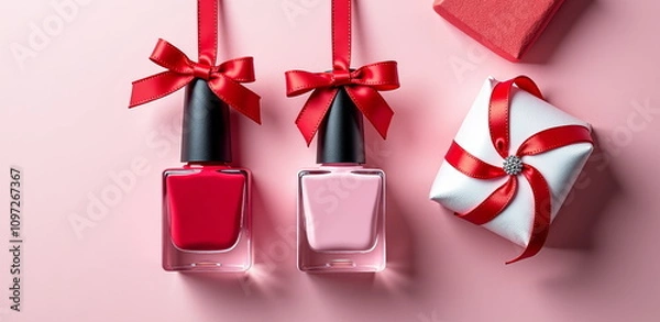Fototapeta Festive nail polish bottles with red bows on pink background