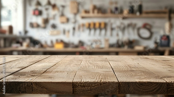Obraz Equipment workshop background concept. A rustic wooden table foreground with a blurred workshop background filled with tools, creating a cozy crafting atmosphere.