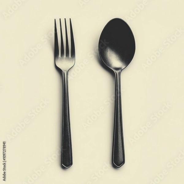 Fototapeta A fork and spoon positioned side by side on a light background.