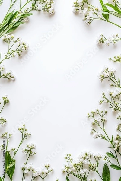 Obraz White flowers frame on white background, copy space.