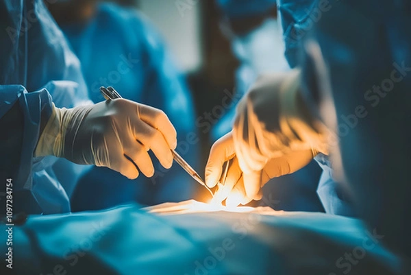 Fototapeta Surgical hands in blue scrubs performing an operation with careful precision in a sterile environment