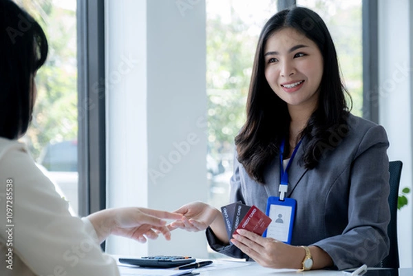 Fototapeta Employees present with mock up credit card payments to business customers. Ready to provide discounts and life insurance