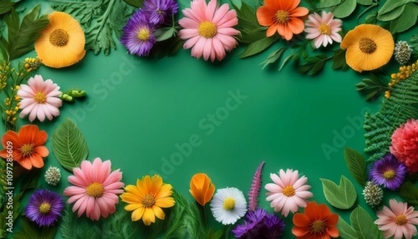 Fototapeta Vibrant paper flowers create a stunning frame against a rich green backdrop.