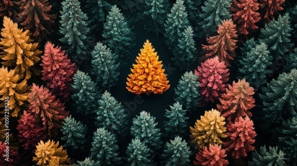 Fototapeta A vibrant autumnal forest scene with a triangular patch of evergreen trees standing out against the backdrop of colorful foliage.