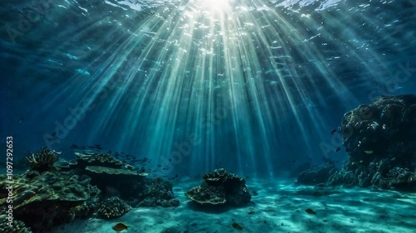 Fototapeta AI GENERATE background, A serene underwater world illuminated by gradient light beams in aqua and teal hues.
